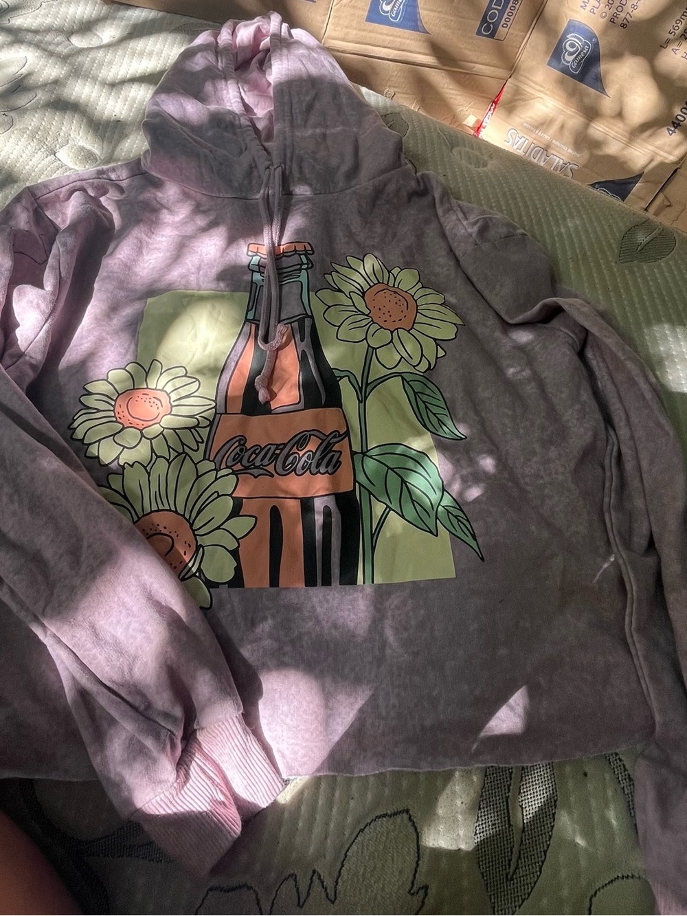 Coca Cola Lavender Pullover Hoodie with Floral Bottle Graphic